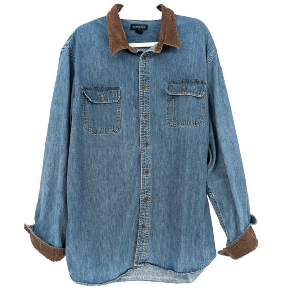 VTG Lands End Womens Blue Denim Chore Barn Shirt Corduroy Collar XXL Tall - Picture 3 of 11